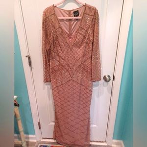 ADRIANNA PAPELL BEADED & SEQUINED FLOOR LENGTH DUSTY ROSE GOWN!